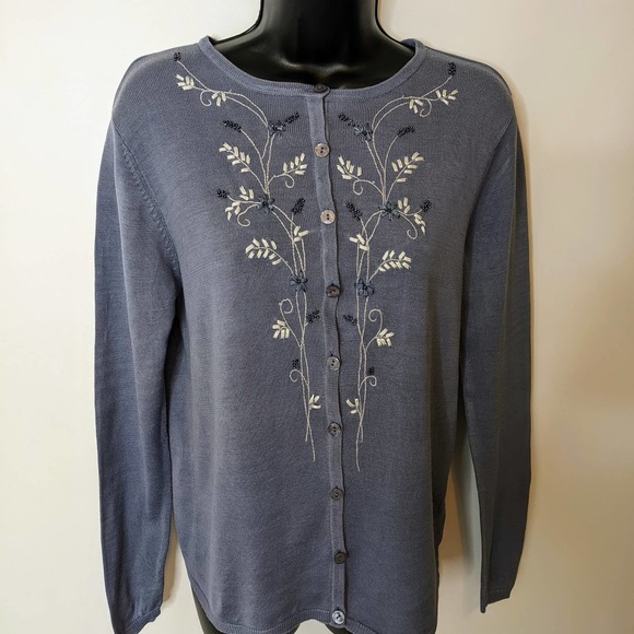 SILK LORE Dusty Blue Lightweight Ribbon Embroidered Silk Cardigan Size Small - Picture 2 of 6